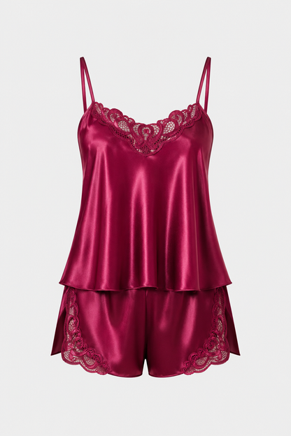 Bordo Dantelli Saten Şortlu Pijama Takımı