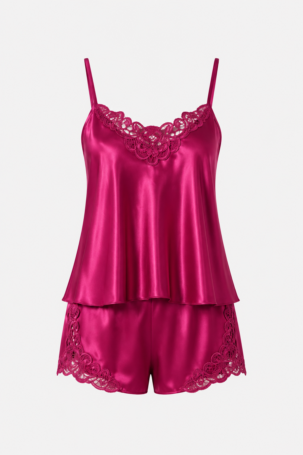 Vişne Dantelli Saten Şortlu Pijama Takımı