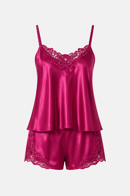 Vişne Dantelli Saten Şortlu Pijama Takımı