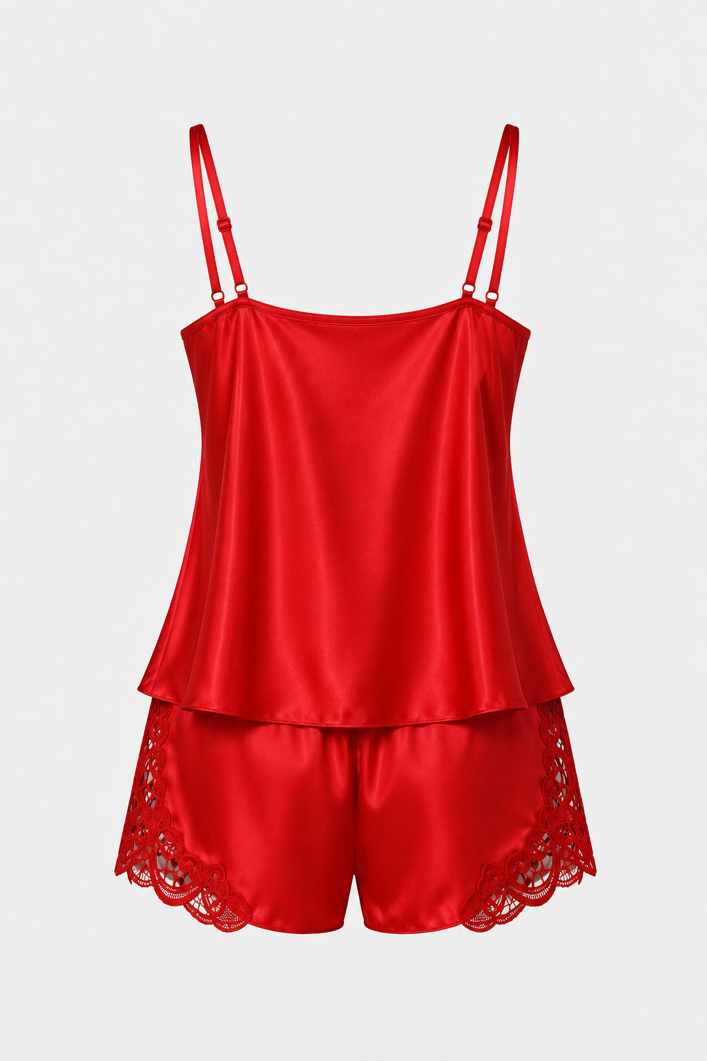 Kırmızı Dantelli Saten Şortlu Pijama Takımı