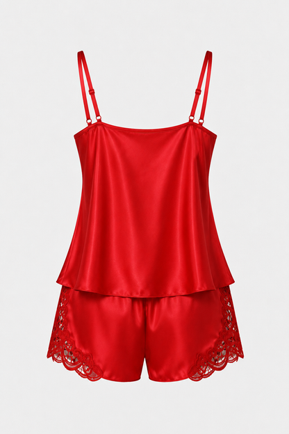 Kırmızı Dantelli Saten Şortlu Pijama Takımı