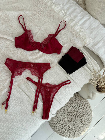 Bordo Brode Detaylı Dantel Takım