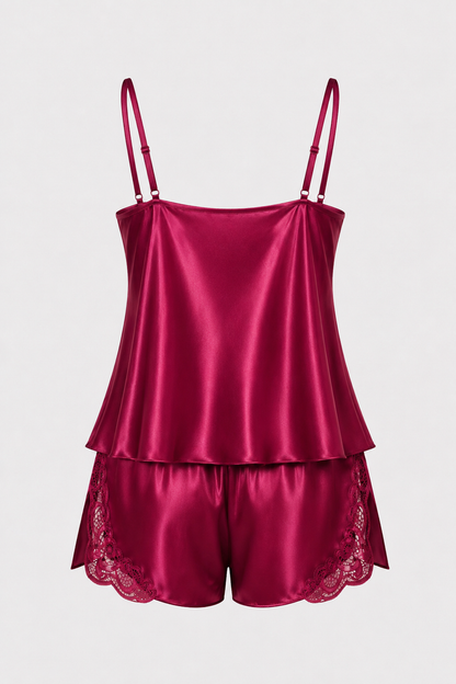 Bordo Dantelli Saten Şortlu Pijama Takımı