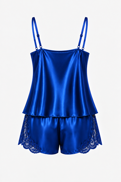 Saks Mavi Dantelli Saten Şortlu Pijama Takımı