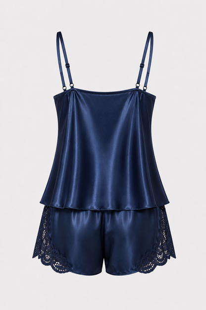 Lacivert Dantelli Saten Şortlu Pijama Takımı