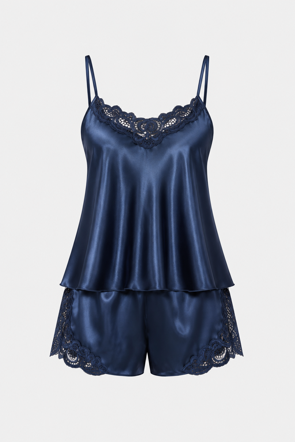 Lacivert Dantelli Saten Şortlu Pijama Takımı