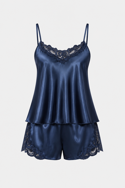 Lacivert Dantelli Saten Şortlu Pijama Takımı