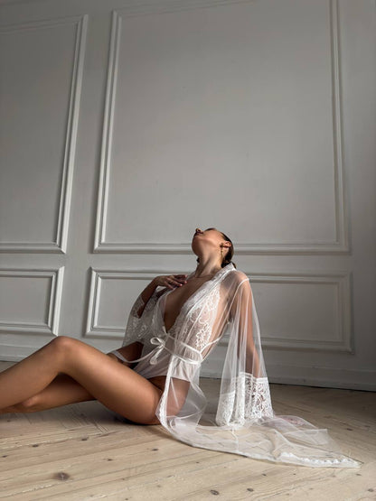 Secret Bride - Dantelli Gelin Tül Sabahlık & Body seti