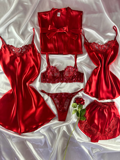 Heart Love 7 Parça İpek Saten Kırmızı Kalpli Set