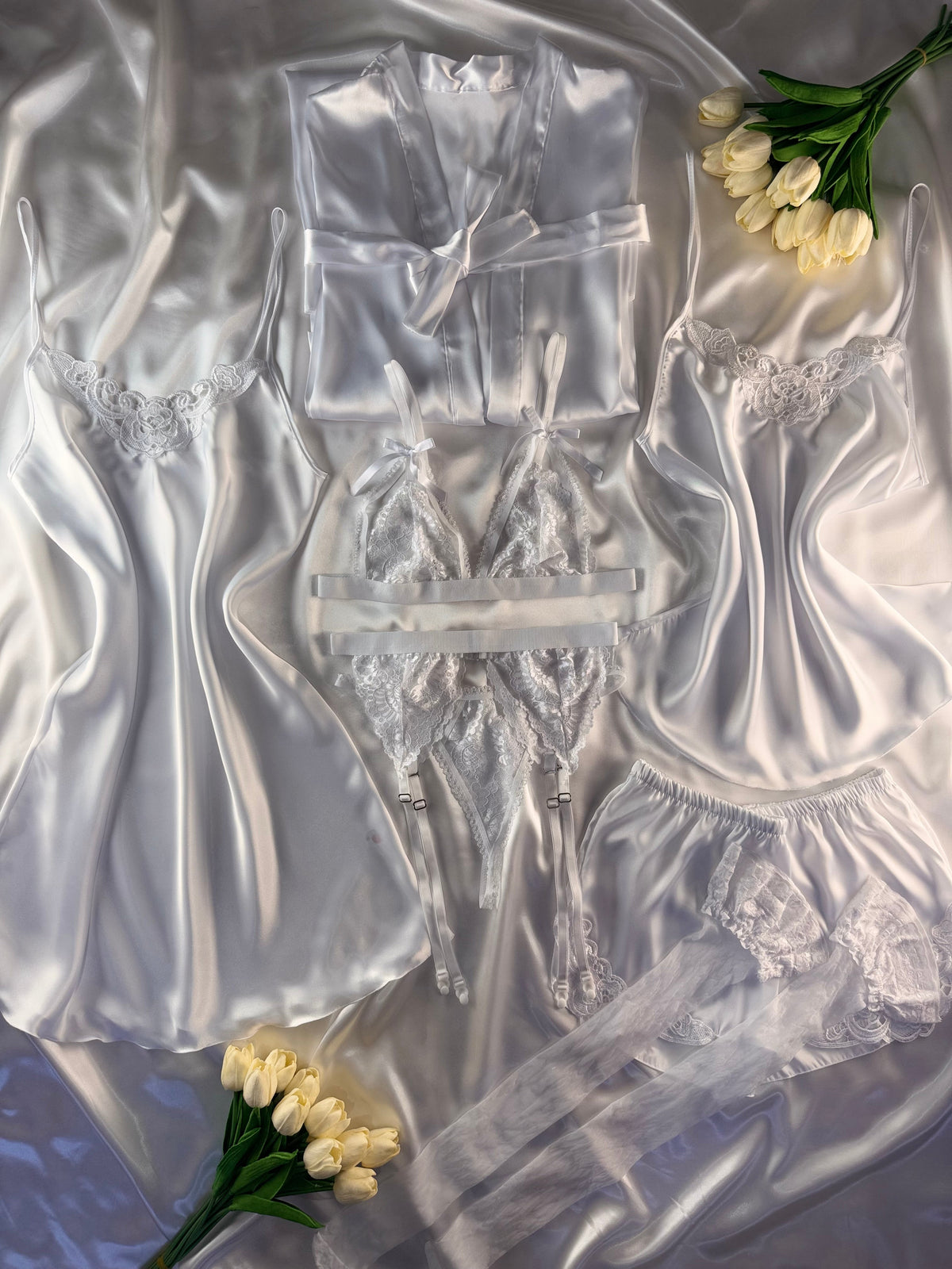 Elegant 10 Parça Ekru İpek Saten Set