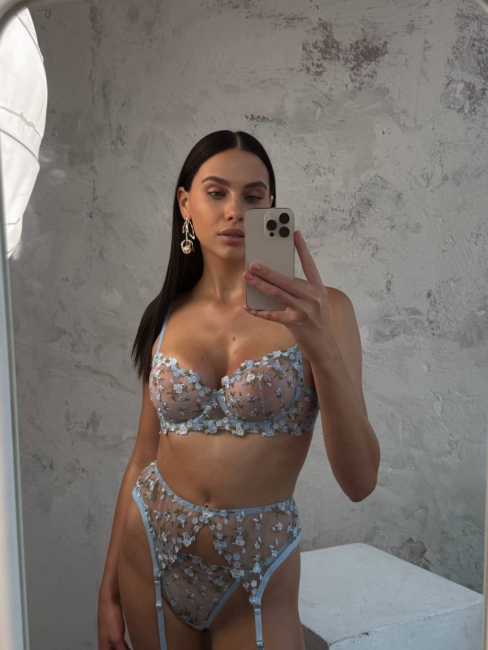 Vanessa Mavi Çiçek Detaylı 3 Parça Jartiyer Takımı