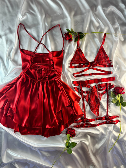 Madame Mercy Kırmızı Zincir Detaylı Jartiyer Hediyeli 4 Parça Lingerie Set